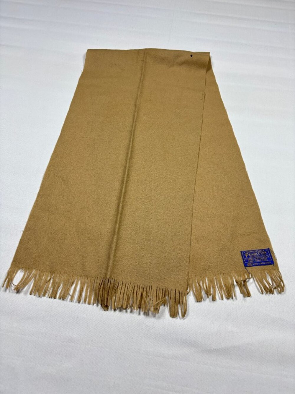 VTG 80s/90s Pendleton 100% Virgin Wool Scarf Camel Tan Beige Made in USA Fringe